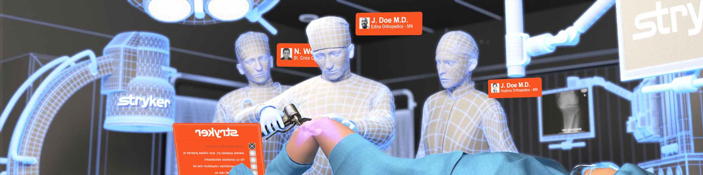 Medical illustration of a Stryker surgery VR simulation for surgical training. Detailed visuals and interactive tools allow medical professionals to enhance their skills and knowledge in a safe and controlled environment. Ideal for practicing and perfecting techniques before performing on real patients. State-of-the-art VR simulation for elevating medical training and preparing for operating room challenges.