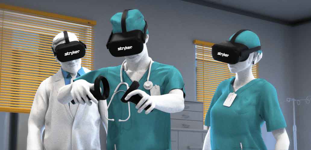 A medical illustration showing a surgeon using Stryker VR Technology to visualize and interact with patient anatomy in a virtual environment. This technology revolutionizes surgery by providing a more precise and efficient surgical experience, resulting in faster recovery times and improved outcomes for patients.