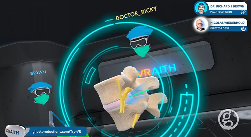 In this video, Ghost showcases how one can quickly learn the process of spinal fusion using virtual reality (VR) surgical simulations. The VR surgery simulator, called "Ghost VRSE II," was created by Ghost Medical. The host, Nicolas Wiederhold, and plastic surgeon, Dr. Richard J Brown ( Also known as @therealtiktokdoc ) , use this simulator to demonstrate the steps involved in implementing Spineology's Optimesh for Spinal Fusion.