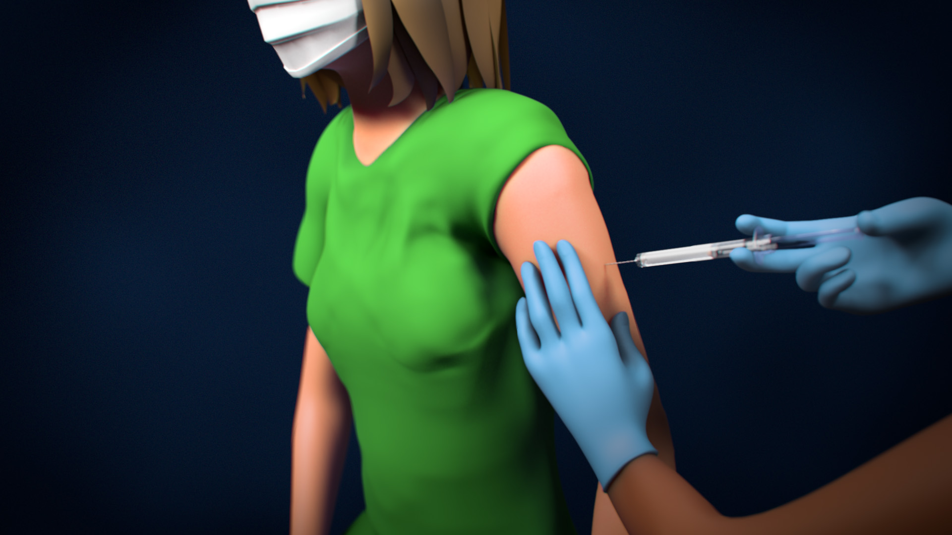 A medical illustration of an individual receiving the Covid mRNA Vaccine via the upper arm muscle ( intramuscular injection method ) 