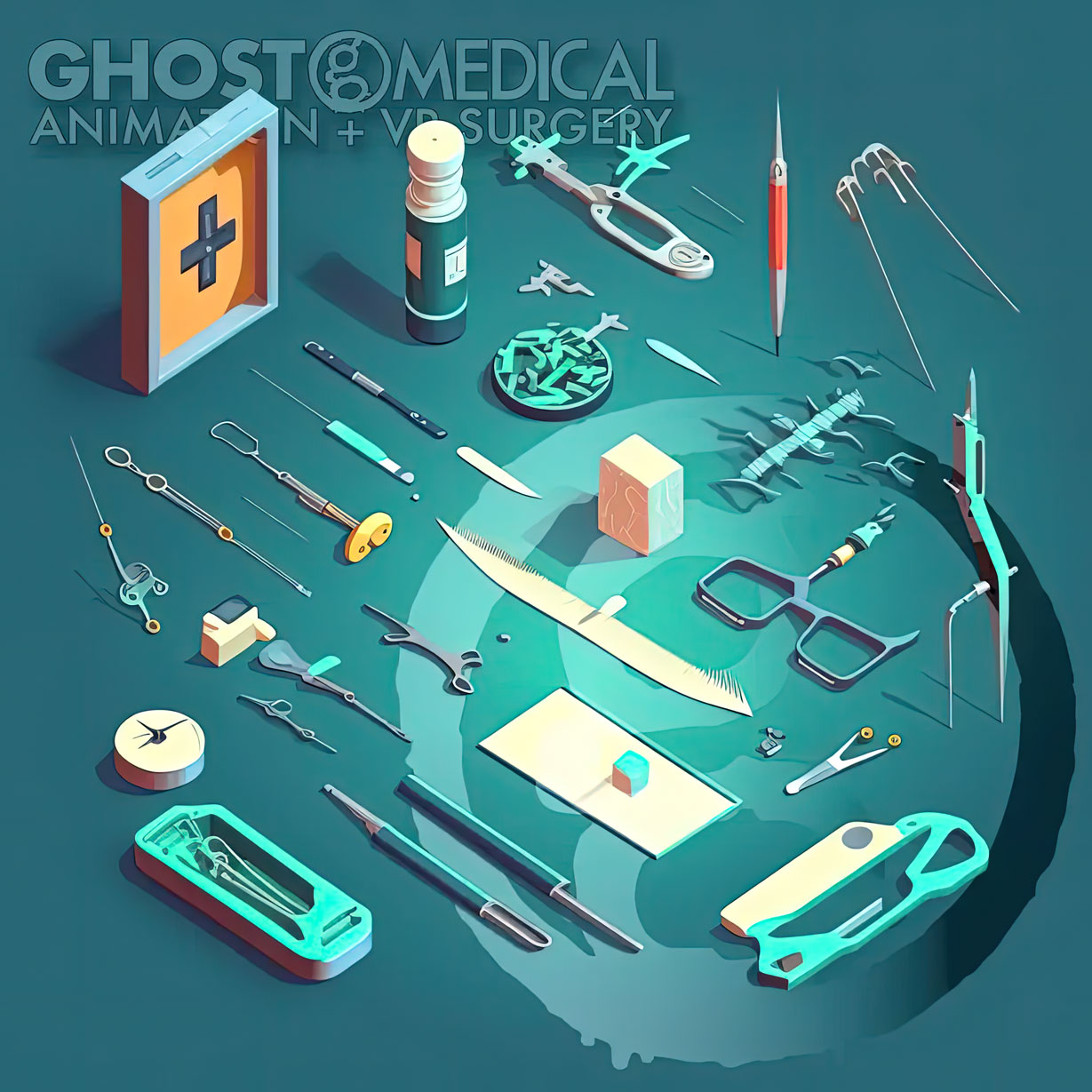 An isometric view of a surgical scalpel and other medical instruments. The image is available under a Creative Commons license from Ghost Medical. It can be used in medical or surgical presentations and projects, with a link back to ghostmedical.com. The image