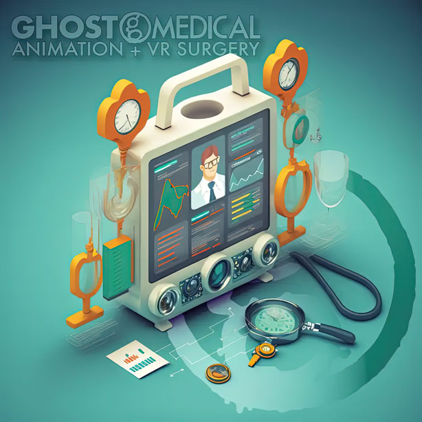 Image description: An isometric icon of an AED (Automated External Defibrillator) featuring an anatomical heart. The icon is designed for medical device marketing purposes and is available under a creative commons license from ghostmedical.com. The icon can