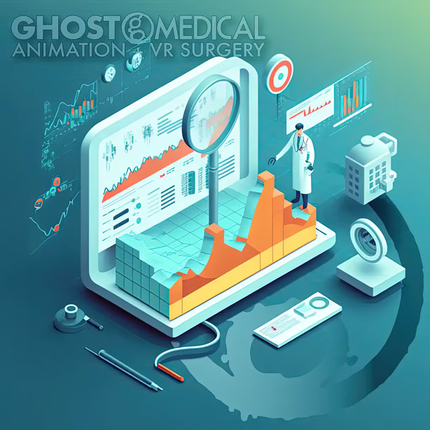 This is an isometric AI icon representing healthcare website analytics and SEO metrics. The icon features a stylized brain with a magnifying glass on one side and a graph on the other, symbolizing the use of artificial intelligence to analyze website data and improve