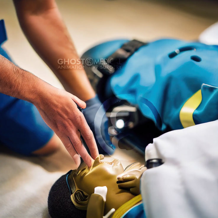 An AI-generated image depicts a paramedic kneeling beside a non-responsive patient, performing CPR. The paramedic appears determined and focused, working tirelessly to save the patient's life.