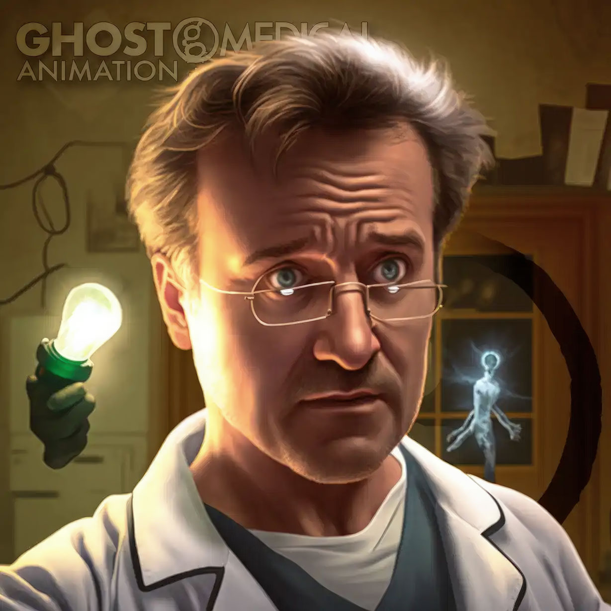 AI-generated image of a doctor in a lab coat engaged in unethical behavior, created by Ghost Medical Productions.