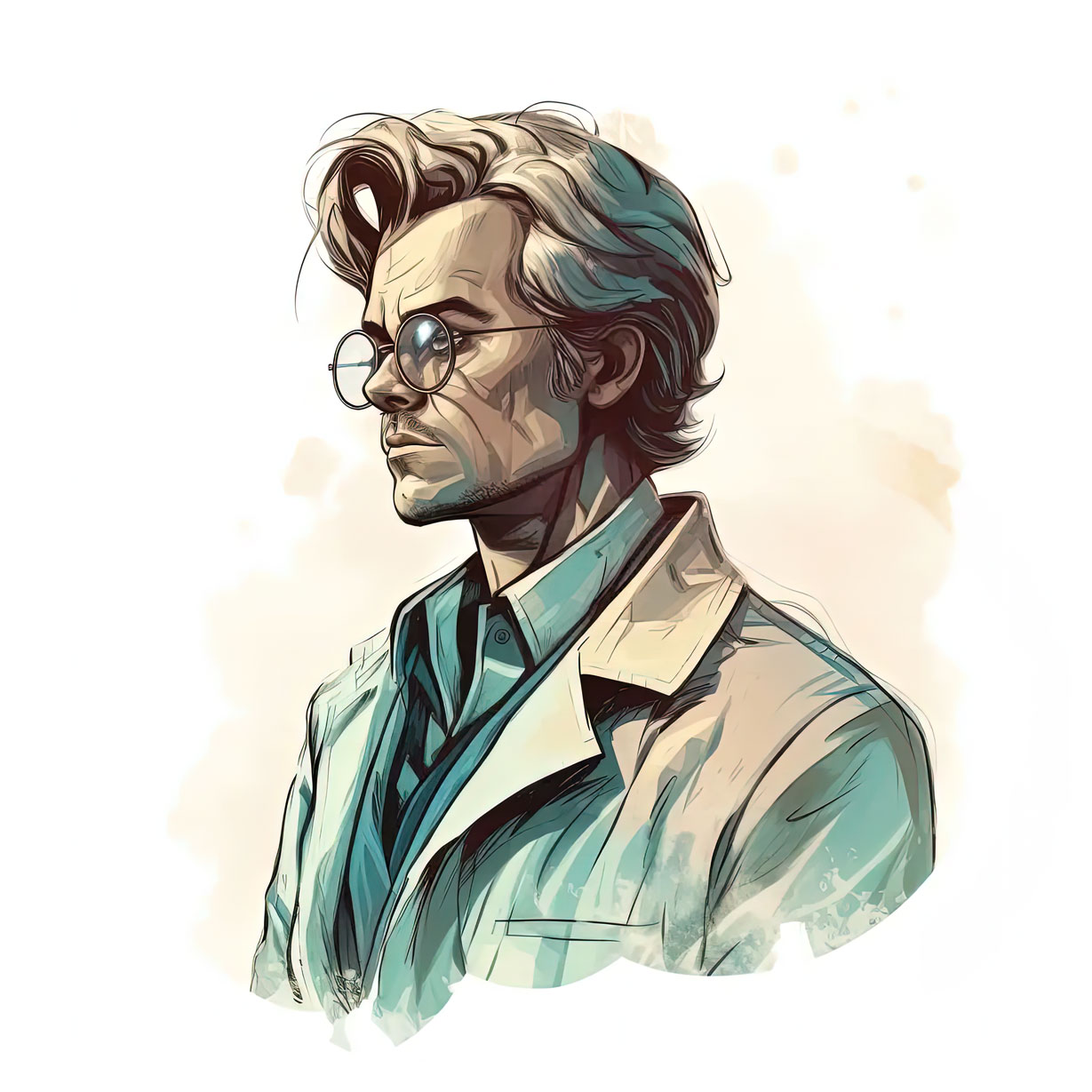 An AI-generated illustration of a male healthcare professional wearing a white doctor's coat. He appears futuristic in style and is created by Ghost Medical Productions, a company dedicated to empowering healthcare with innovation.
