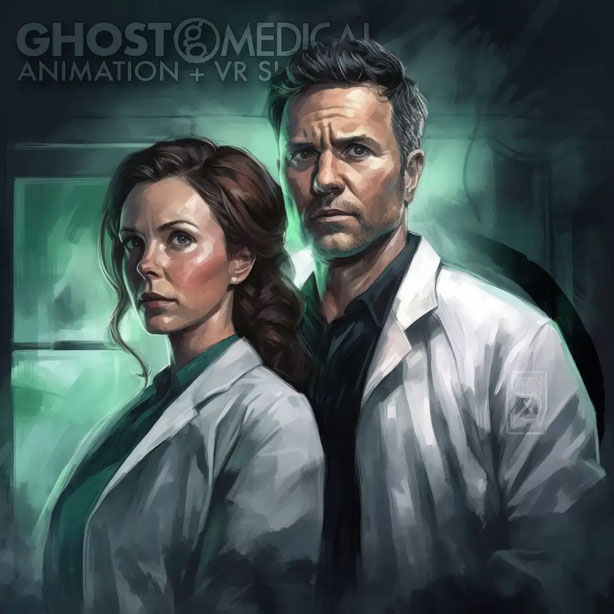 Doctors, Volume 3: healthcare professional, lab coats, medical innovation, breakthroughs, art meets science, Ghost Medical, Ghost Productions, AI-generated painting, medical backdrop, creativity, collaboration, presentations, credit, patients, world.