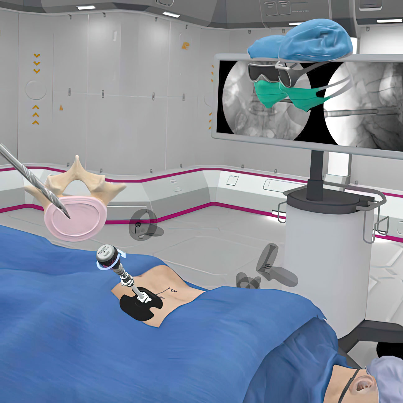 A medical illustration of Spineology's VR technology for spinal surgery. The image shows a person wearing a VR headset and holding surgical instruments while standing in a virtual operating room. The technology allows for a revolutionary virtual reality experience for spinal surgery.