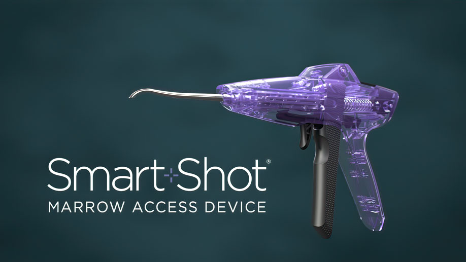 SmartShot marrow access illustration, 3D rendering orthopedic medical device, Ghost Medical product visualization, Marrow Access Technologies artwork, photorealistic medical device rendering, bone marrow access device image, SmartShot branding illustration, device design, orthopedic 3D medical illustration, SmartShot clinical benefits visual