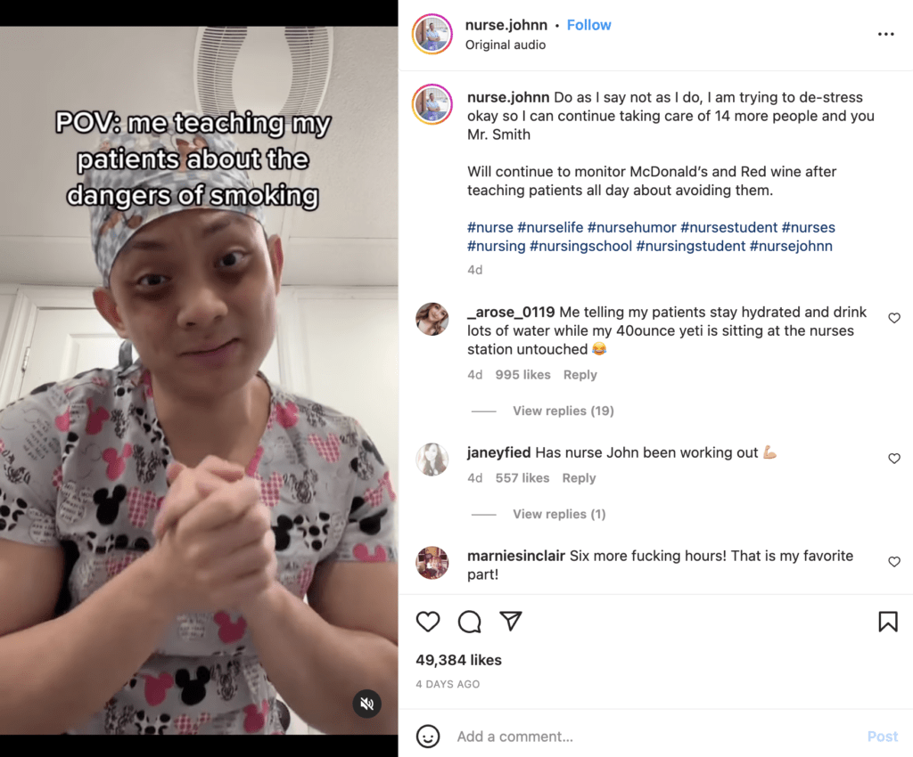 John BSN,RN as @nurse.johnn, a popular MedInfluencer who uses humor to bring awareness to issues in the healthcare industry.